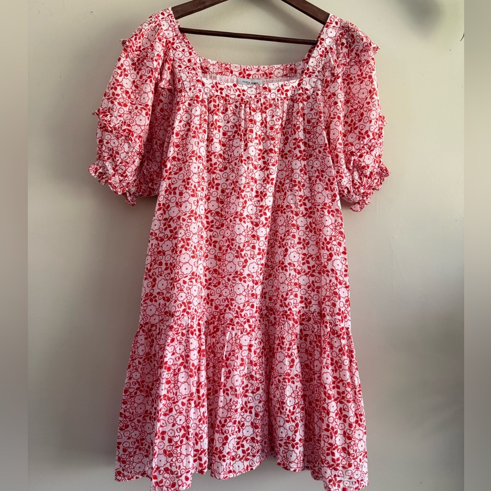 Red & White Floral Square Neck Puff Sleeve Cotton Dress size Small